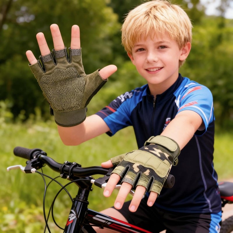 GREUS Kids Tactical Half Finger Riding Bike Gloves Anti-Slip Military Outdoor Training Cycling Camo Sports Gloves for Boys 8-10 - Image 2